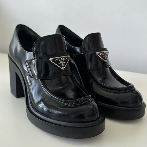 Prada Women's Chocolate Brushed Leather Heeled loafers size 36.5 - Picture 3 of 16